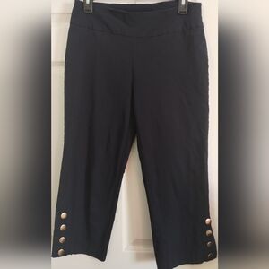 Zac & Rachel Navy Stretchy Capri Pants With Gold Button Accent